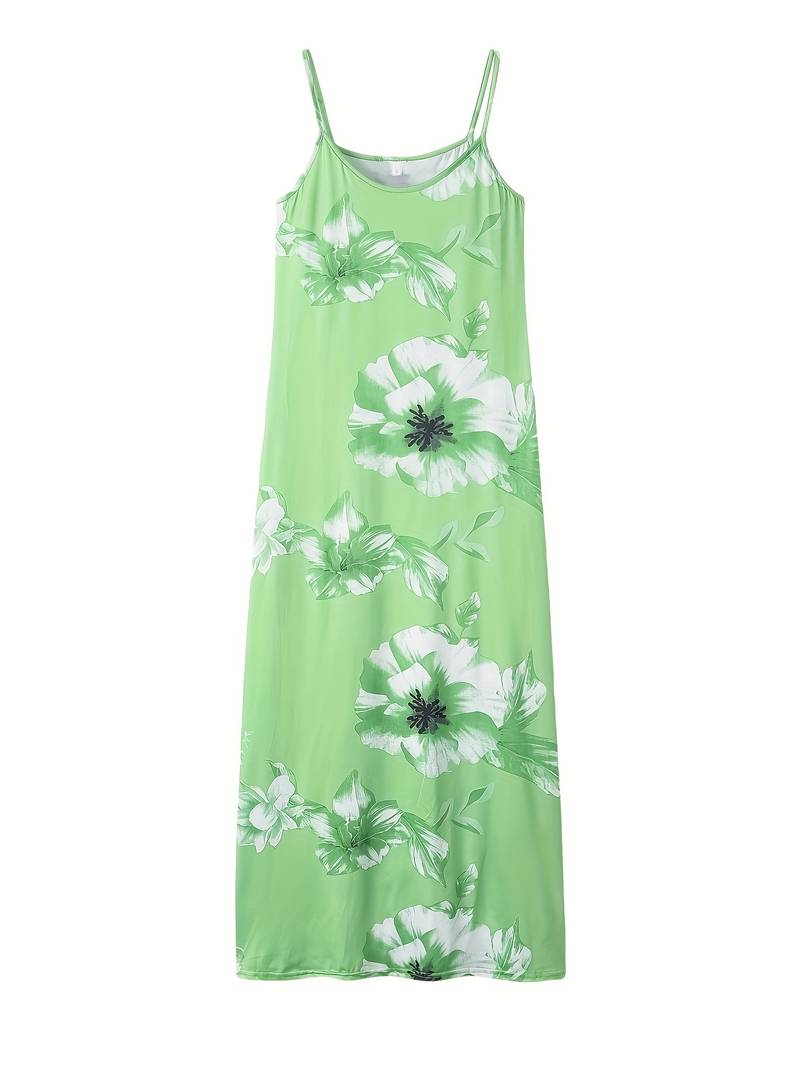Grünes Maxikleid mit Blumenmuster, ärmellos, Sommermode, Damenbekleidung, elegant.