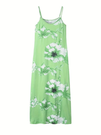 Grünes Maxikleid mit Blumenmuster, ärmellos, Sommermode, Damenbekleidung, elegant.