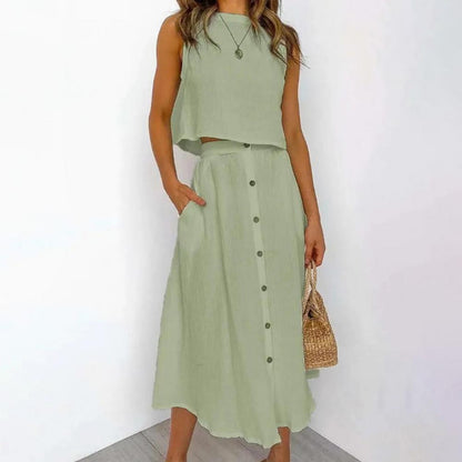 Damen Sommerkleid Set, ärmellos, grün, Knopfleiste, Leinen, lässig, Strandmode.