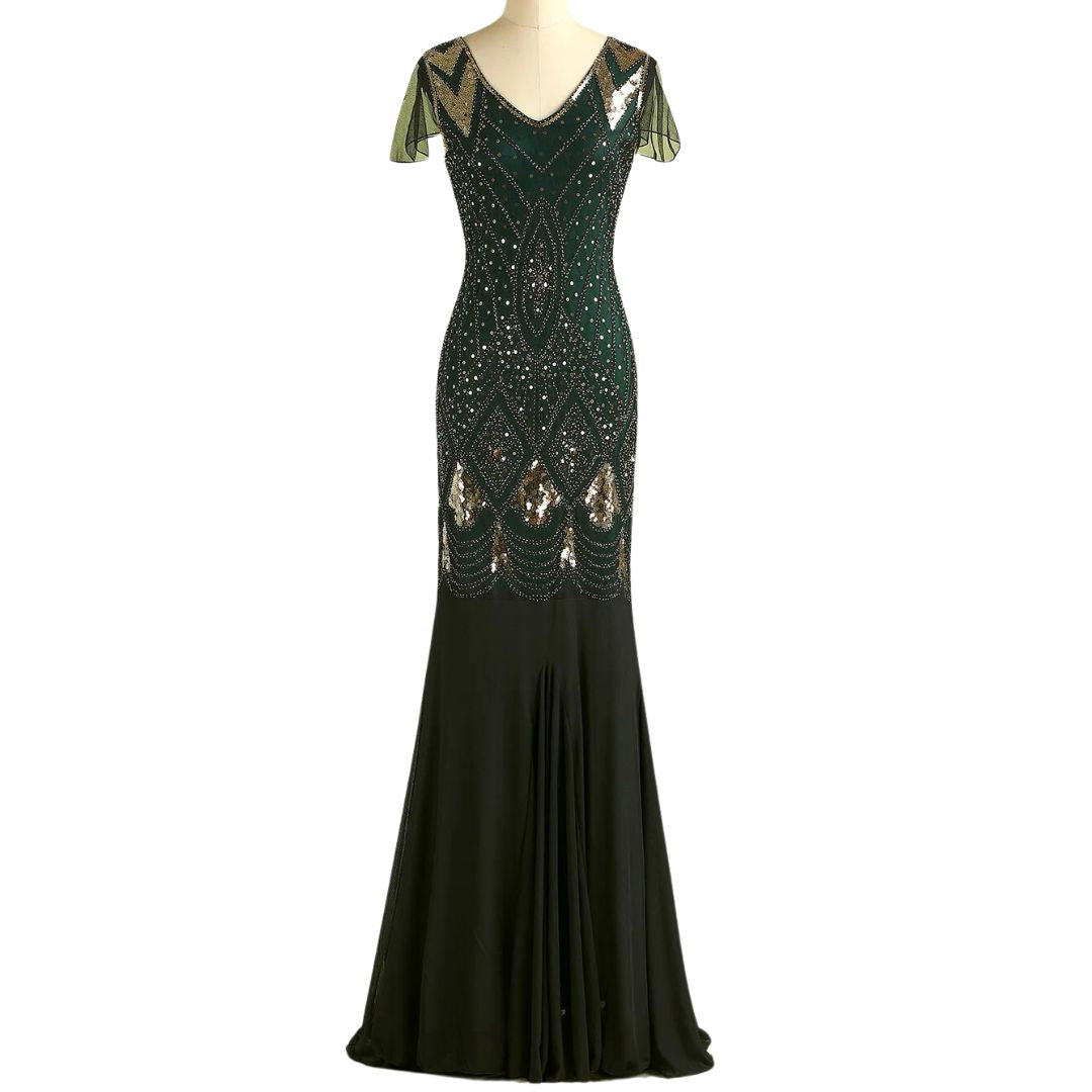 Grünes Abendkleid mit Pailletten, V-Ausschnitt, bodenlang, elegantes Design, Damenmode.