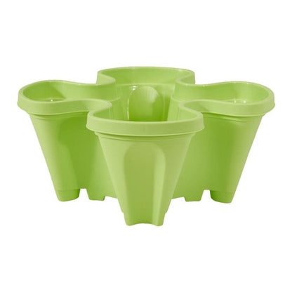 Grüner Kunststoff-Blumentopf, stapelbar, fünf Fächer, ideal für vertikale Gärten.