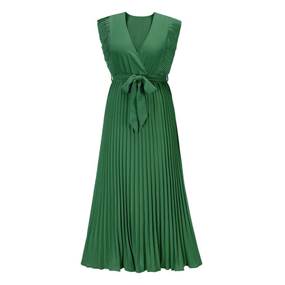 Grünes, ärmelloses Maxikleid mit Plissee und Taillengürtel, elegantes Abendkleid.