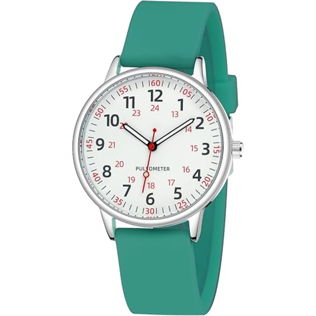 Grüne Armbanduhr mit Pulsmesser, weißes Zifferblatt, rote Zeiger, Edelstahlgehäuse.