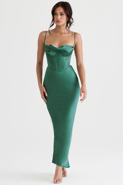 Elegantes grünes Satin-Abendkleid mit Korsett-Design, figurbetont, für Damenmode.