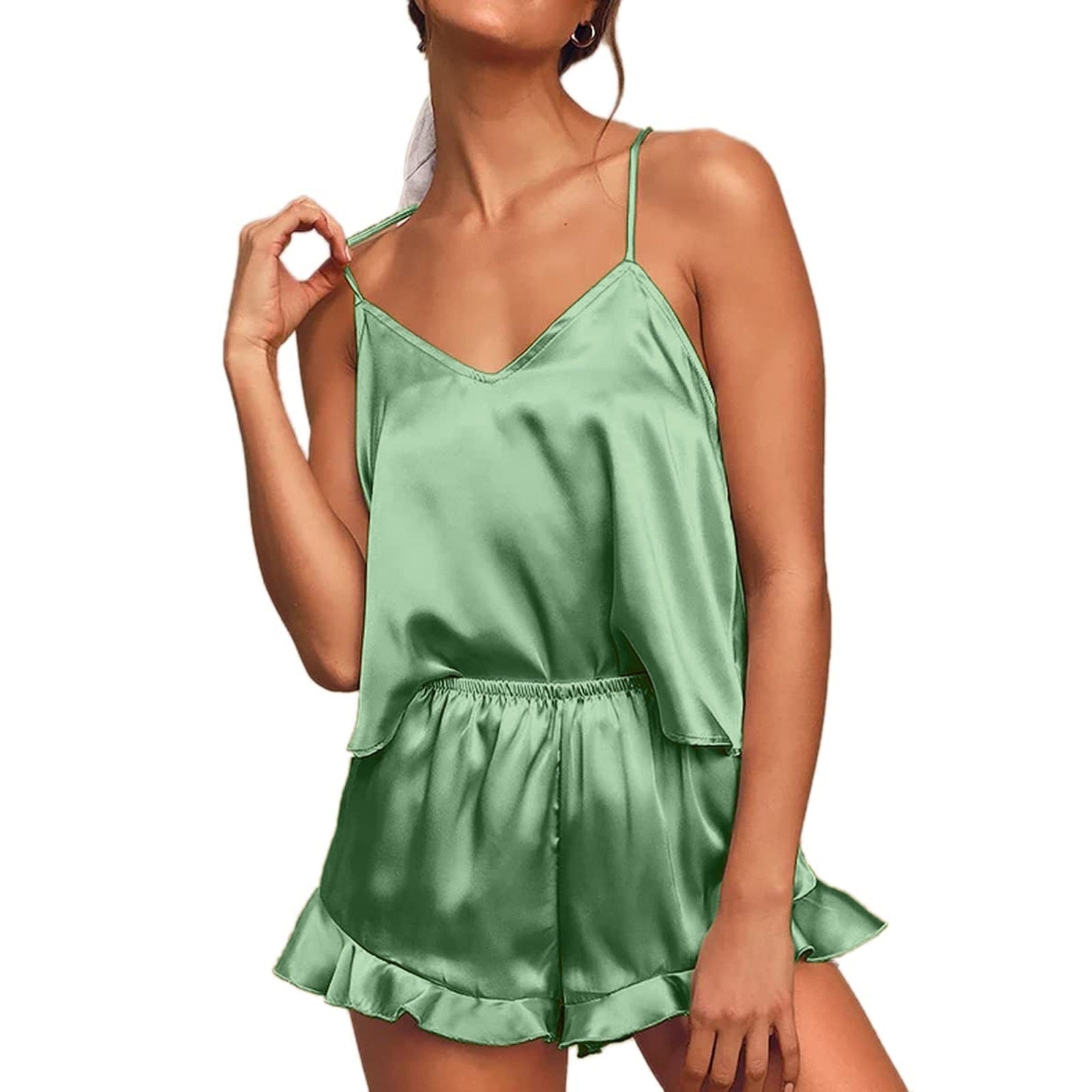 Damen Satin Pyjama Set, grün, ärmelloses Top und Shorts, Nachtwäsche, bequem, elegant.