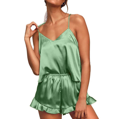 Damen Satin Pyjama Set, grün, ärmelloses Top und Shorts, Nachtwäsche, bequem, elegant.