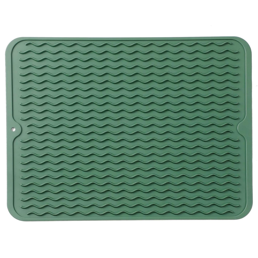 Grüne Silikon-Abtropfmatte mit Wellenmuster, rutschfest, für Küche und Geschirr.