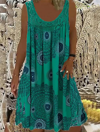 Grünes Sommerkleid mit Mandala-Muster, ärmellos, Damenmode, Boho-Stil, Baumwolle.