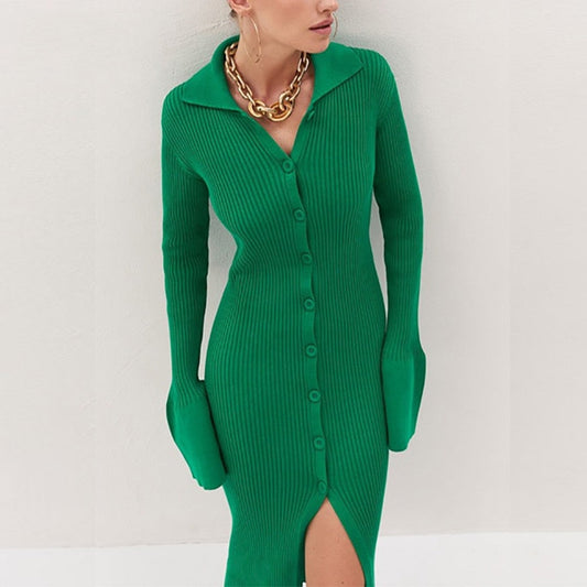 Grünes Strickkleid mit Knopfleiste und Schlitz, Damenmode, elegantes Design, Herbstkleidung.