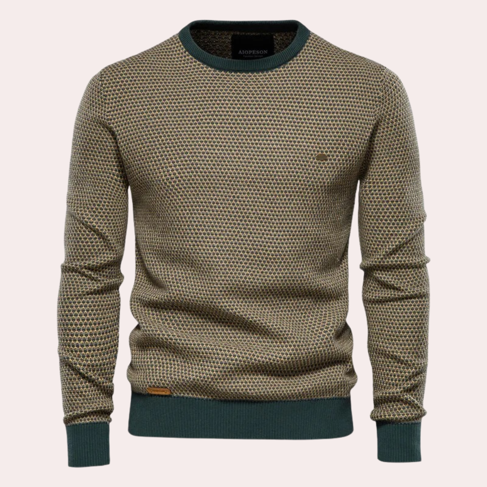 Grüner Herrenpullover, Strickmuster, Rundhalsausschnitt, langärmelig, modisch, bequem.