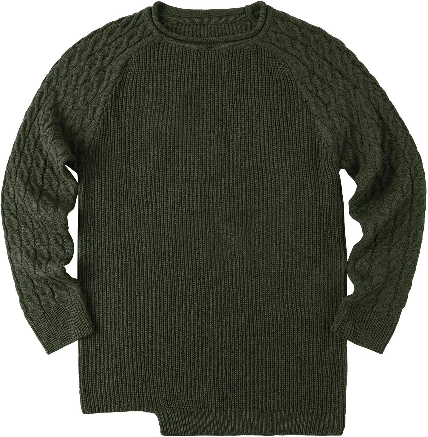 Grüner Strickpullover, Zopfmuster, Baumwolle, Herrenmode, Winterkleidung, Langarm, Rundhals.