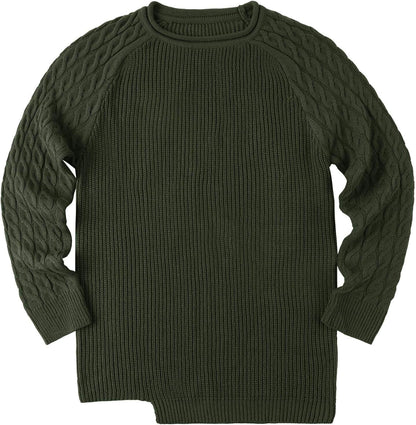 Grüner Strickpullover, Zopfmuster, Baumwolle, Herrenmode, Winterkleidung, Langarm, Rundhals.