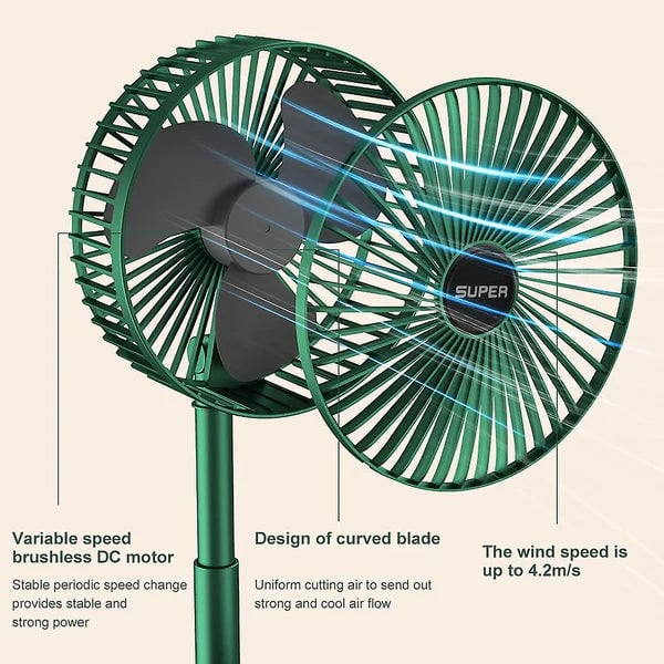 Grüner Standventilator mit bürstenlosem DC-Motor, gebogenem Flügeldesign, hoher Luftstrom.