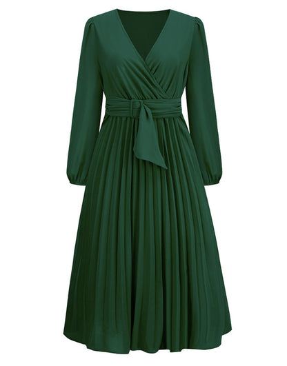 Grünes langärmeliges Wickelkleid mit Gürtel, elegantes Design, knielang, Damenmode.