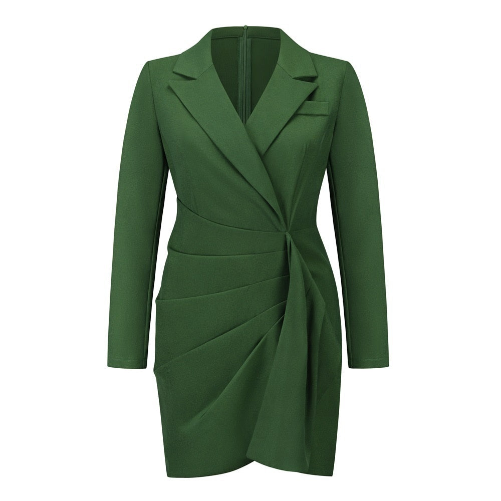 Grünes Damen-Blazerkleid, langärmelig, elegantes Design, knielang, für Büro und Abend.