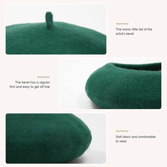 Grüne Woll-Baskenmütze, weich, bequem, mit kleinem Stiel, klassisches Design für Künstler.