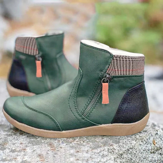 Grüne Damen-Stiefeletten mit Reißverschluss, Leder, modisch, bequem, Herbstschuhe.