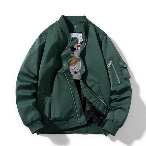 Grüne Bomberjacke Herren, Reißverschluss, Taschen, lässig, modisch, Baumwolle, Herbstmode.