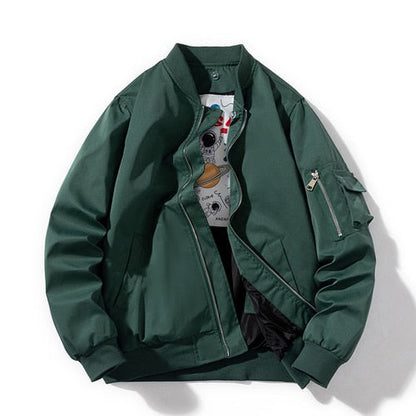 Grüne Bomberjacke Herren, Reißverschluss, Taschen, lässig, modisch, Baumwolle, Herbstmode.