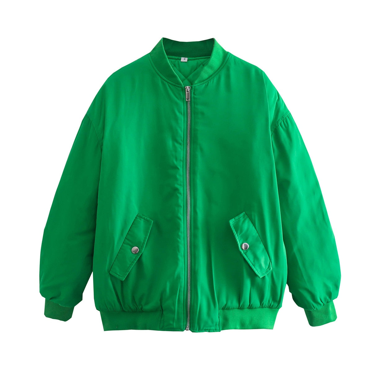 Grüne Bomberjacke, Unisex, Reißverschluss, Taschen, modisch, lässig, Herbstmode, Polyester.