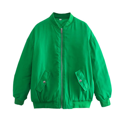 Grüne Bomberjacke, Unisex, Reißverschluss, Taschen, modisch, lässig, Herbstmode, Polyester.