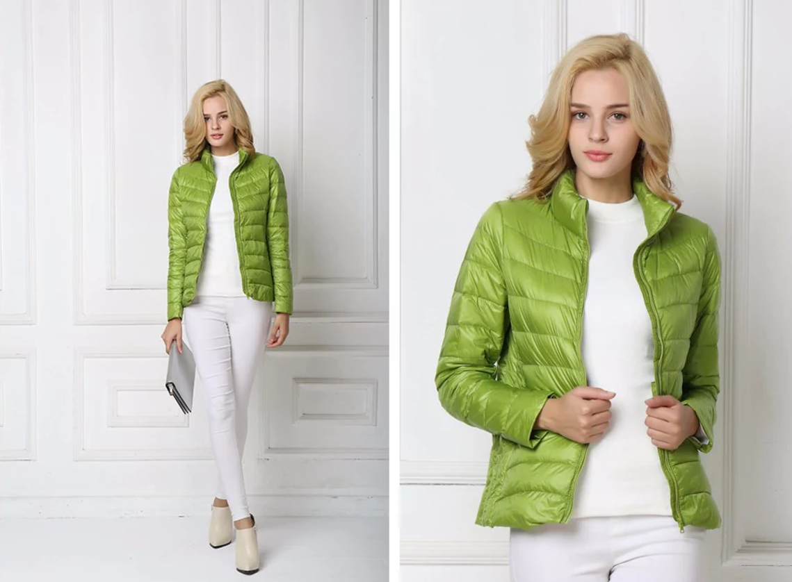 Damen Daunenjacke grün, leicht, warm, modisch, ideal für Herbst/Winter, stilvoller Look.