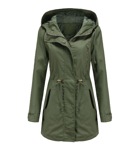 Grüne Damenparka mit Kapuze, wasserabweisend, Outdoorjacke, Herbstmode, Reißverschluss.