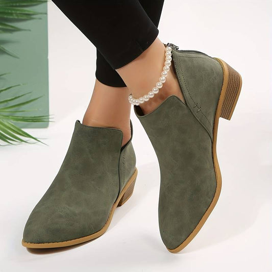Damen Stiefeletten grün Wildlederoptik, niedriger Absatz, elegantes Design, Herbstmode.