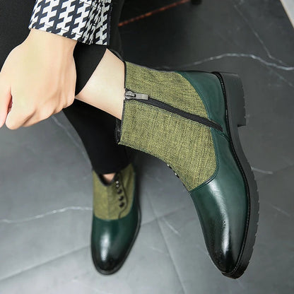 Grüne Lederstiefel mit Reißverschluss, Damenmode, elegantes Design, Herbst-Winter-Schuhwerk.