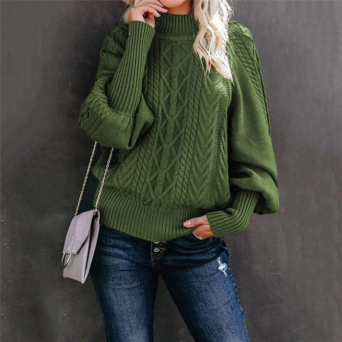 Grüne Damenstrickpullover mit hohem Kragen, stilvoll, warm, modisch, Herbstmode.