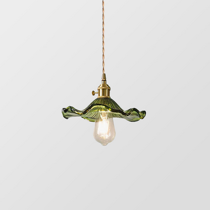 Grüne Glas-Pendelleuchte mit Vintage-Glühbirne, dekorative Beleuchtung, Messingfassung.