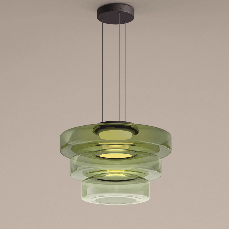 Moderne grüne Glas-Pendelleuchte, dreistufig, für Wohnzimmerbeleuchtung, stilvolles Design.