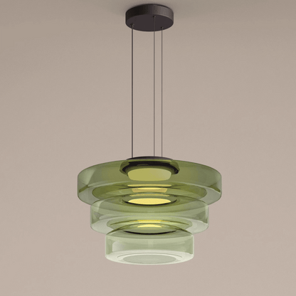 Moderne grüne Glas-Pendelleuchte, dreistufig, für Wohnzimmerbeleuchtung, stilvolles Design.