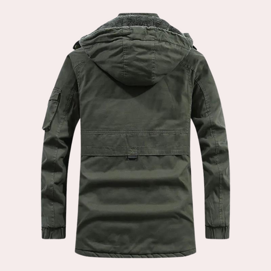 Grüne Herrenjacke mit Kapuze, Baumwolle, Outdoor, Wintermantel, warm, modisch, robust.