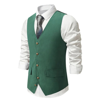 Grüne Herrenweste mit Knöpfen, elegantes Design, kombiniert mit weißem Hemd und Krawatte.