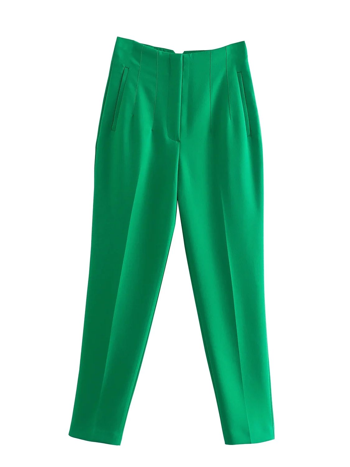 Grüne Damenhose, elegant, gerade geschnitten, mit Taschen, aus Baumwolle, modisch.