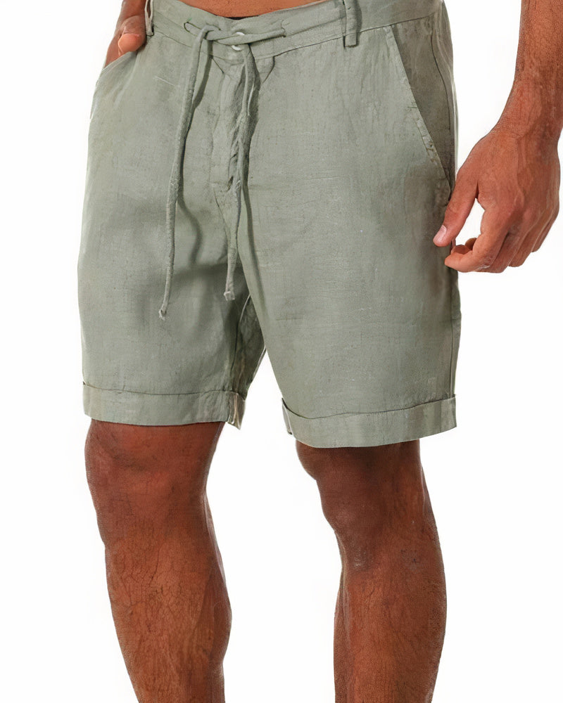 Grüne Leinen-Shorts für Herren mit Kordelzug, ideal für Sommermode und Freizeitkleidung.