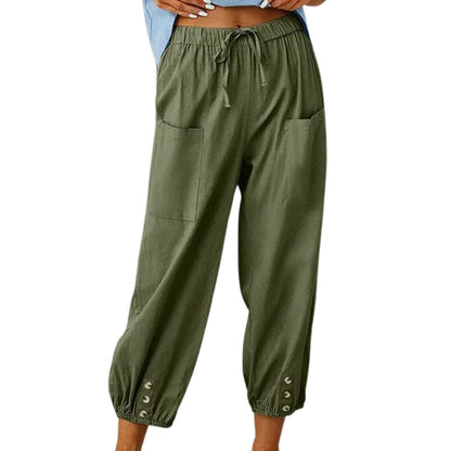Damenhose grün, Leinen, Kordelzug, Taschen, Knöpfe, lässig, bequem, Sommermode