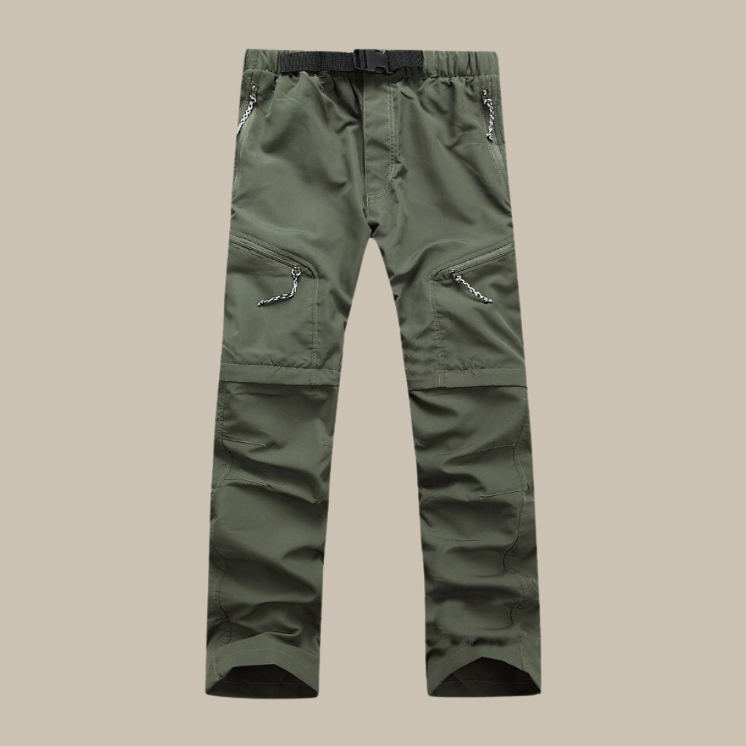 Grüne Outdoor-Hose mit Reißverschlusstaschen, elastischem Bund, ideal für Wandern und Trekking.