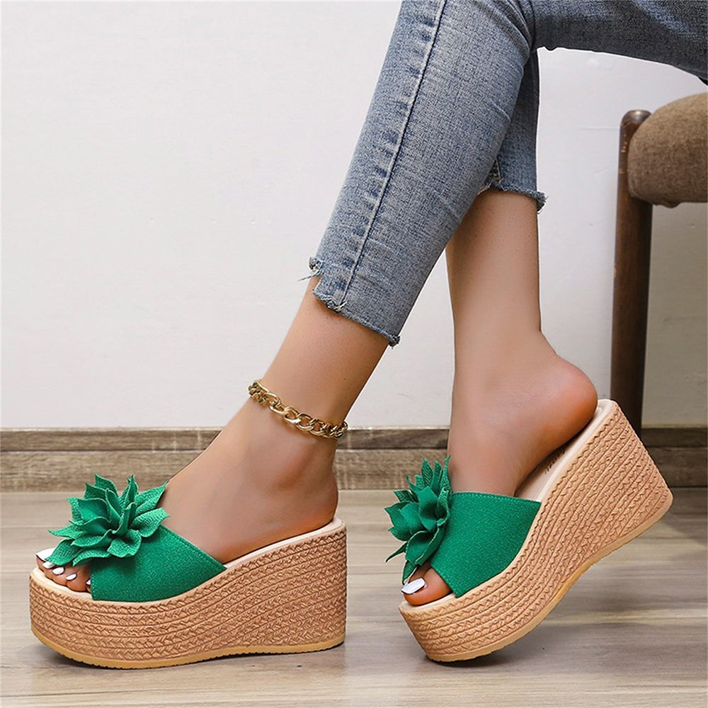 Grüne Plateau-Sandalen mit Blumen, Damenmode, Sommer, Keilabsatz, Freizeitschuhe