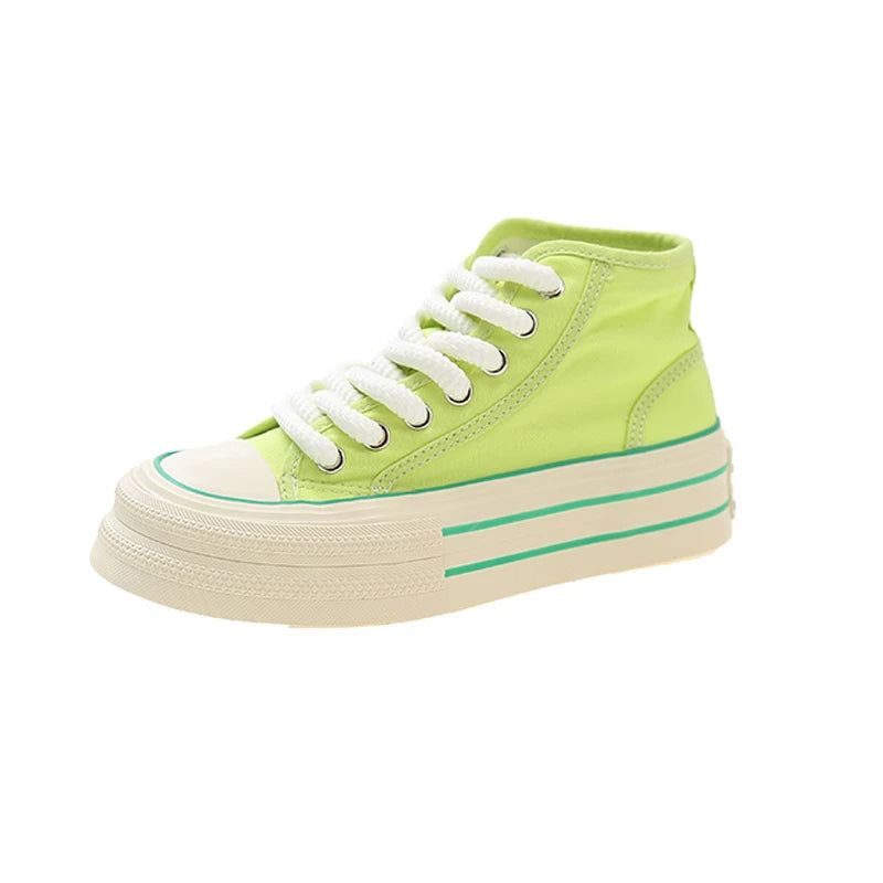 Grüner High-Top-Sneaker mit Plateau, weiße Schnürsenkel, Canvas, modisch, Damen-Schuhe.