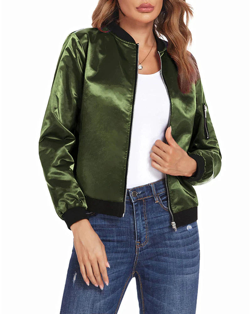 Damen Bomberjacke aus grünem Satin, Reißverschluss, lässig, modisch, Herbstbekleidung.