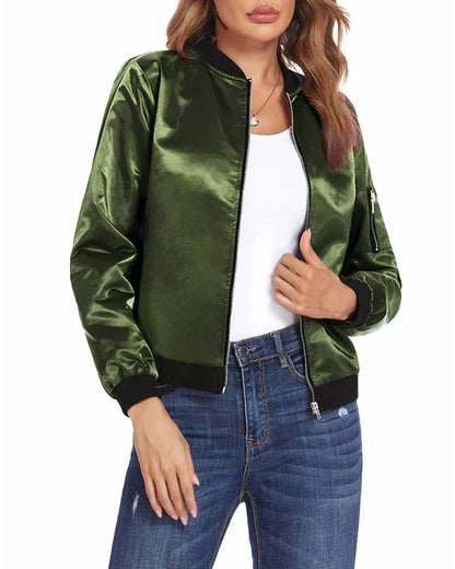 Damen Bomberjacke aus grünem Satin, Reißverschluss, lässig, modisch, Herbstbekleidung.