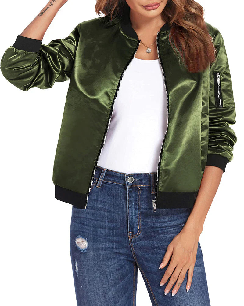 Grüne Damen-Satinbomberjacke, Reißverschluss, lässig, modisch, Herbstmode.