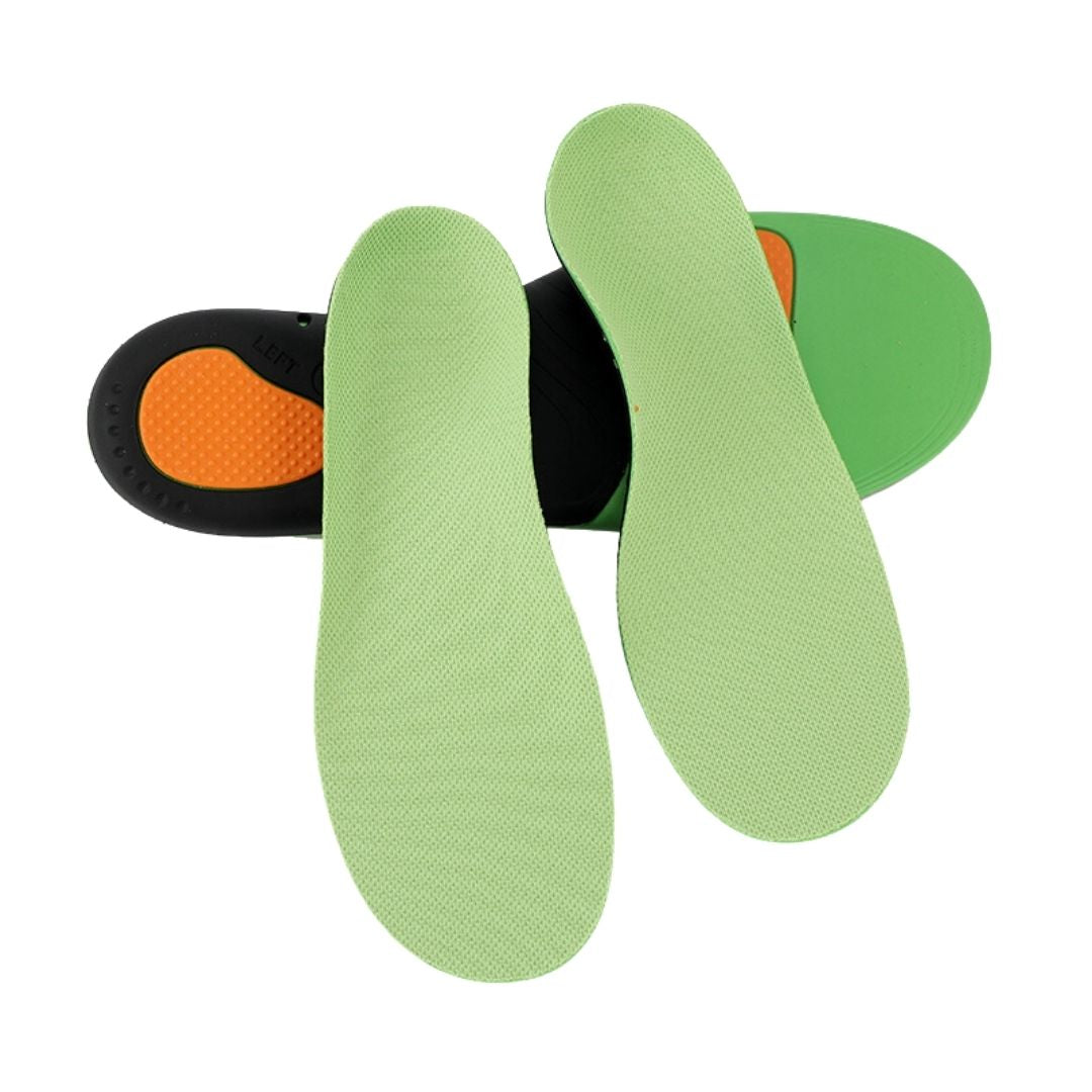 Grüne orthopädische Einlegesohlen, ergonomisch, stoßdämpfend, für Komfort und Unterstützung.