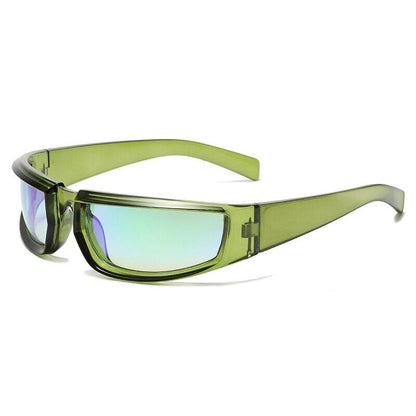 Grüne Sonnenbrille mit rechteckigen Gläsern, UV-Schutz, modisches Accessoire.