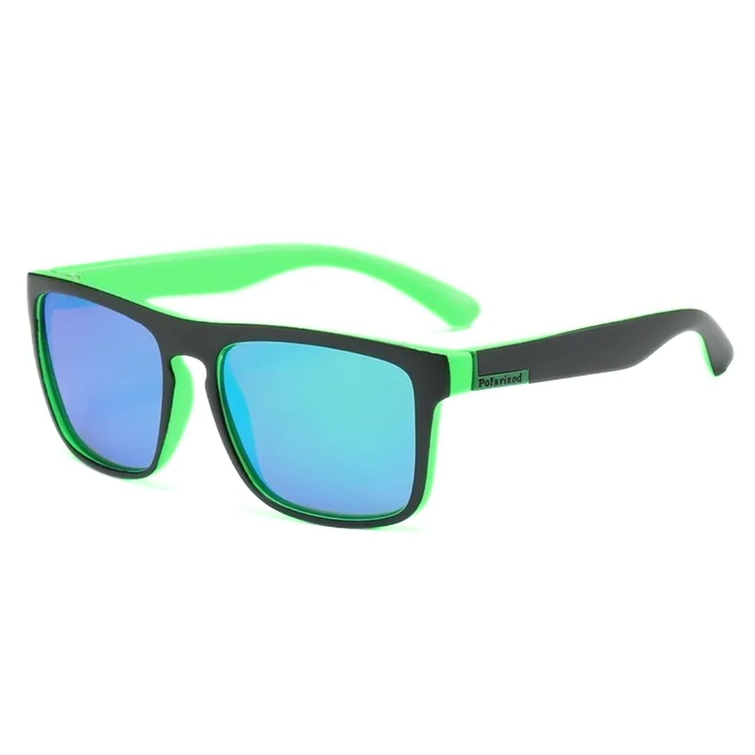 Grüne Sonnenbrille mit blauen Spiegelgläsern, rechteckig, modisch, unisex.