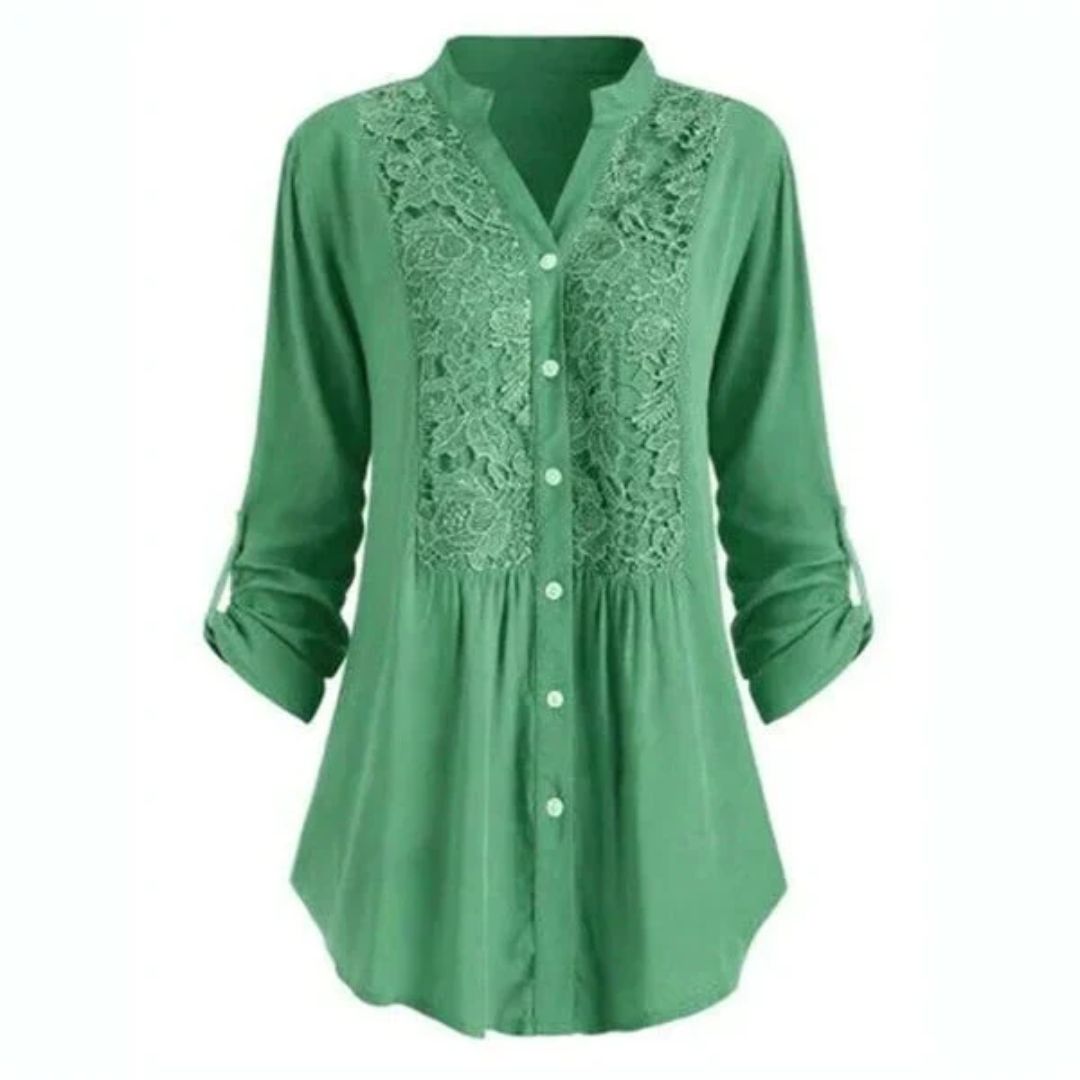 Grüne Damenbluse mit Spitze, Knopfleiste, 3/4-Ärmel, elegant, Baumwolle.
