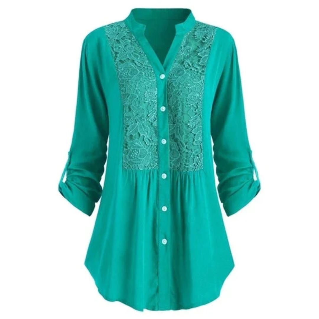Grüne Damenbluse mit Spitzenmuster, Knopfleiste, 3/4-Ärmel, elegant, Freizeitmode.