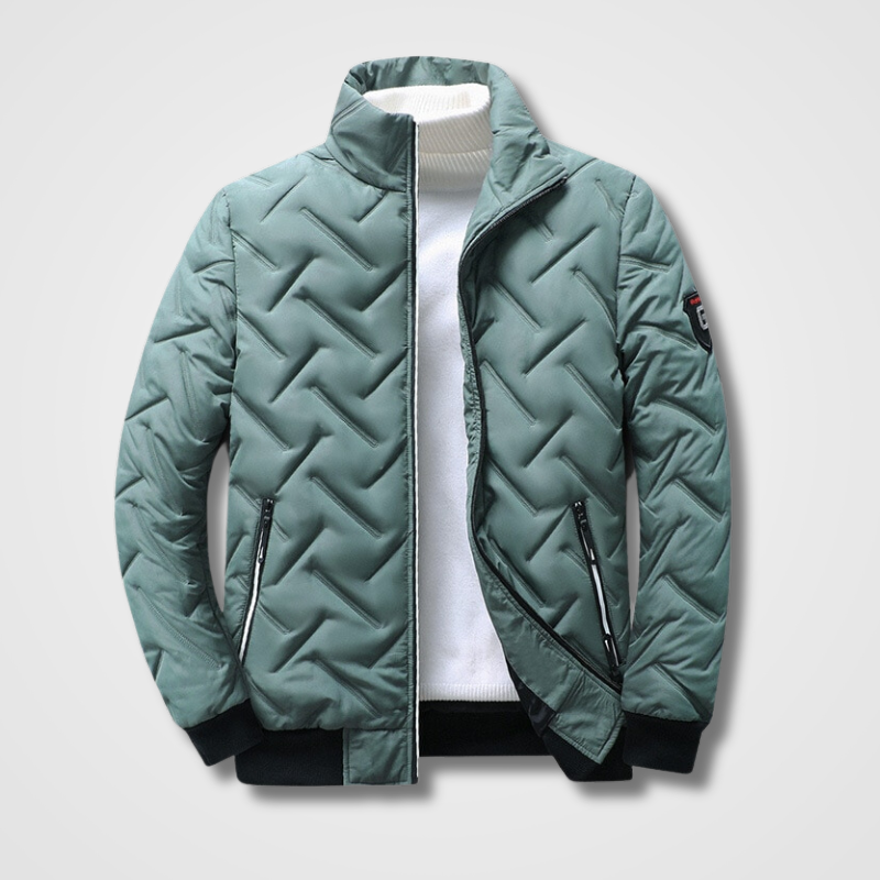 Grüne Steppjacke für Herren, Reißverschluss, Stehkragen, Wintermode, warm, stylisch.